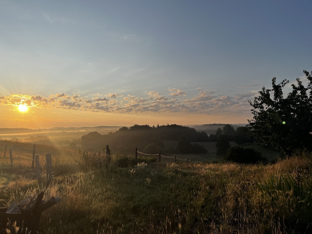 Sonnenaufgang über einer ruhigen Landschaft als Sinnbild für neue Kraft und Balance